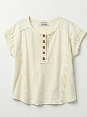 Blu Pepper Henley Top Women Large Cream Ivory Short Sleeve Button Raw Hem Boho